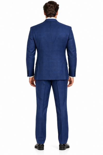 Mens Classic Wool Feel Double Breasted Glen Plaid Suit in Blue