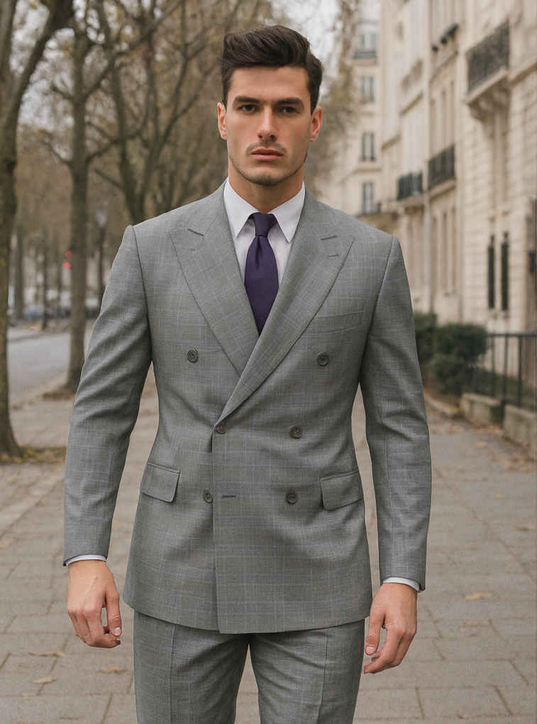 Mens Classic Wool Feel Double Breasted Glen Plaid Suit in Grey