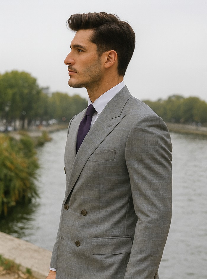 Mens Classic Wool Feel Double Breasted Glen Plaid Suit in Grey