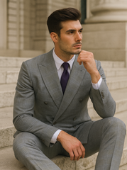 Mens Classic Wool Feel Double Breasted Glen Plaid Suit in Grey