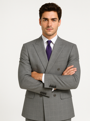 Mens Classic Wool Feel Double Breasted Glen Plaid Suit in Grey