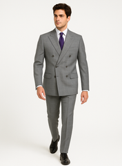 Mens Classic Wool Feel Double Breasted Glen Plaid Suit in Grey
