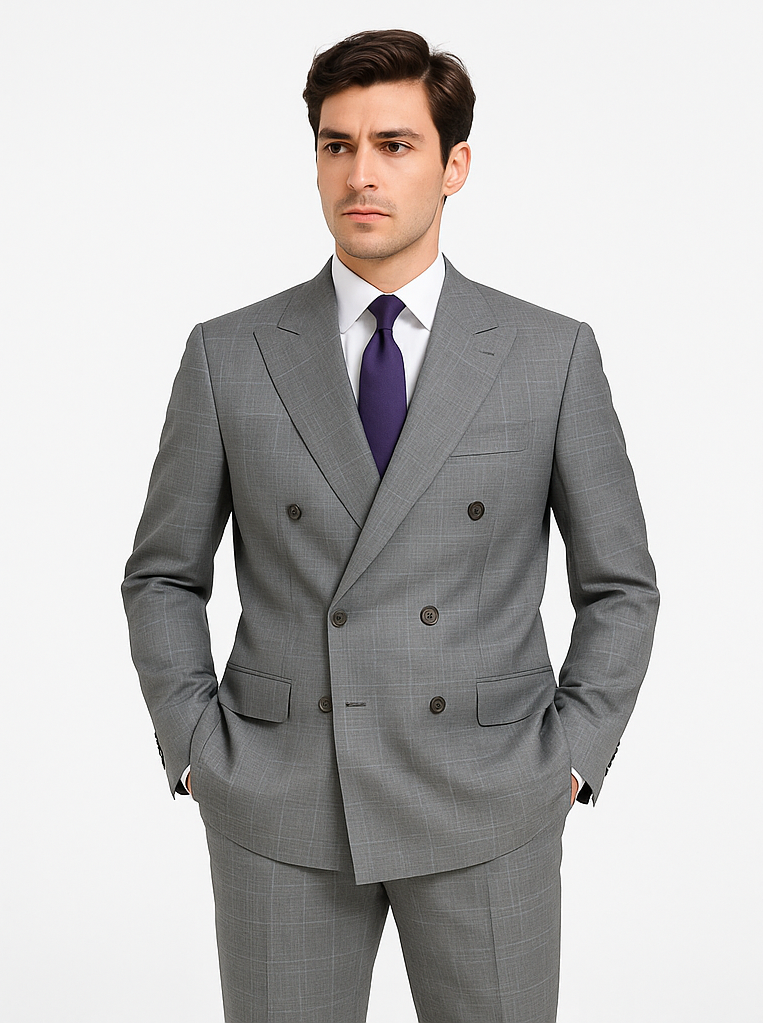Mens Classic Wool Feel Double Breasted Glen Plaid Suit in Grey