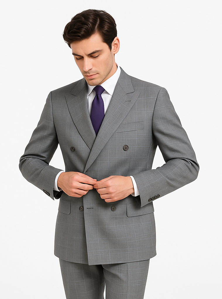 Mens Classic Wool Feel Double Breasted Glen Plaid Suit in Grey