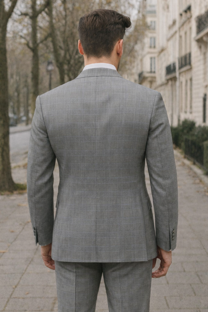 Mens Classic Wool Feel Double Breasted Glen Plaid Suit in Grey