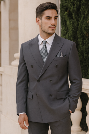 Mens Classic Wool Feel Double Breasted Suit in Heather Grey