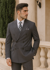 Mens Classic Wool Feel Double Breasted Suit in Heather Grey