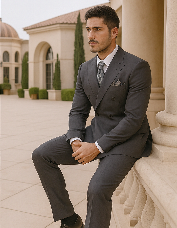 Mens Classic Wool Feel Double Breasted Suit in Heather Grey