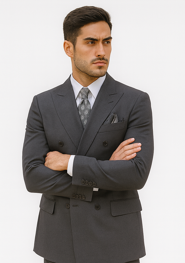Mens Classic Wool Feel Double Breasted Suit in Heather Grey