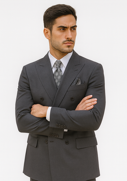Mens Classic Wool Feel Double Breasted Suit in Heather Grey