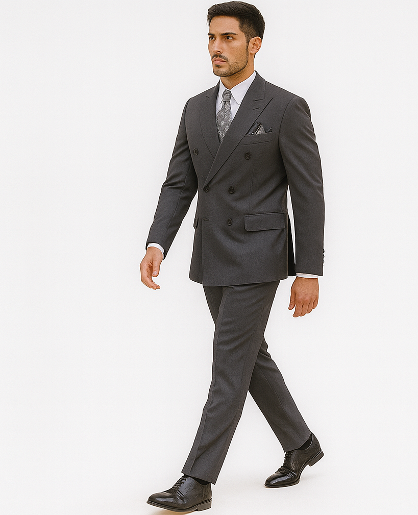 Mens Classic Wool Feel Double Breasted Suit in Heather Grey
