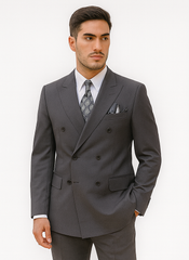 Mens Classic Wool Feel Double Breasted Suit in Heather Grey