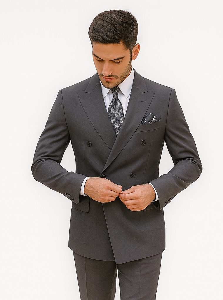 Mens Classic Wool Feel Double Breasted Suit in Heather Grey