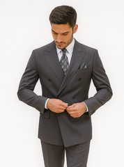 Mens Classic Wool Feel Double Breasted Suit in Heather Grey