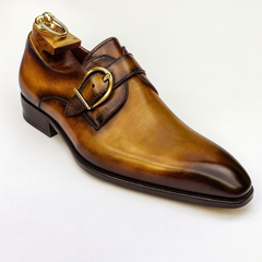 Mens Carrucci Classic Leather Fade Single D-Buckle Monk Strap Dress Shoe in Chestnut