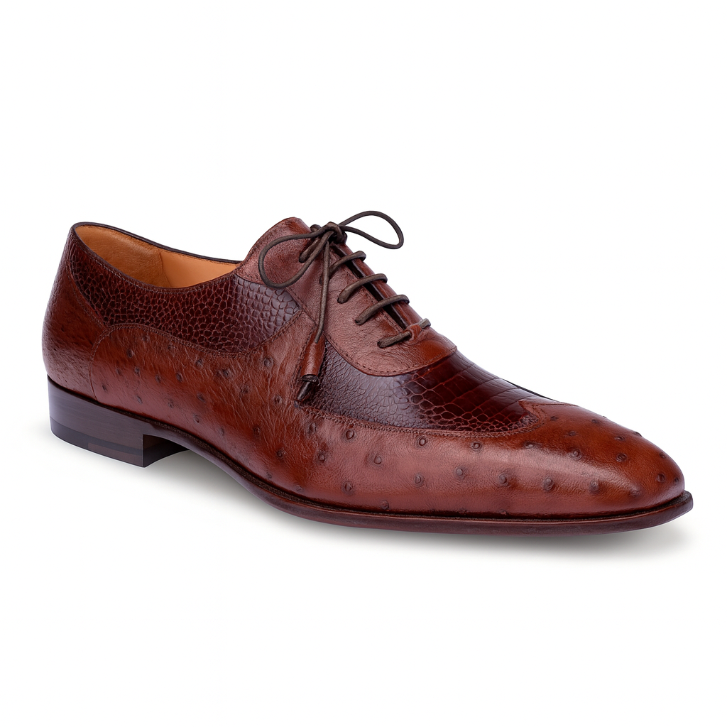 Mens Mezlan Getty Ostrich Wingtip Dress Shoe in Cognac