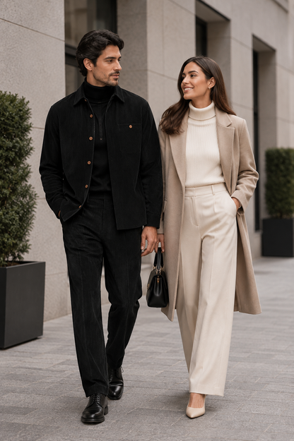 Men's Corduroy Shirt and Pants Walking Suit in Winter Cotton Fabric Casual in Color Black leisure Style