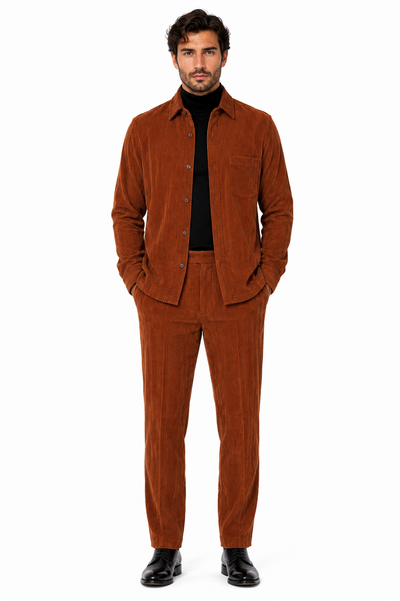 Men's Corduroy Shirt and Pants Walking Suit in Winter Cotton Fabric Casual in Color Burnt Orange Light Rust leisure Style