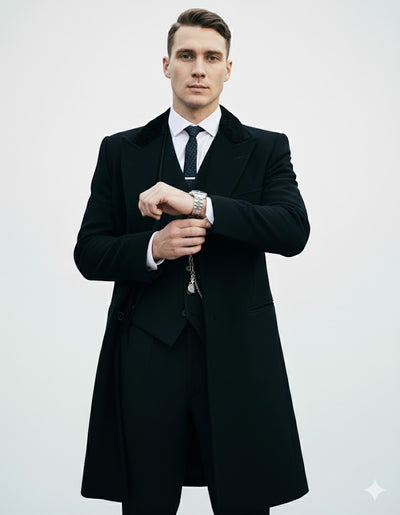 Mens Costume Thomas Shelby Black Vested Suit & Black Overcoat 4 XQ-6462  - from alligatorwarehouse.com