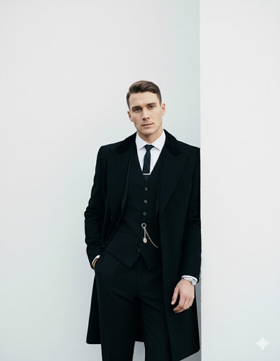 Mens Costume Thomas Shelby Black Vested Suit & Black Overcoat 8 XQ-6462  - from alligatorwarehouse.com