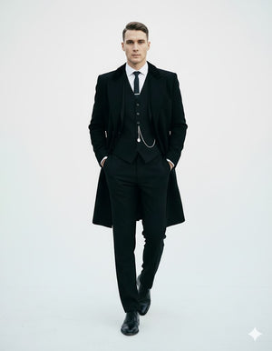 Mens Costume Thomas Shelby Black Vested Suit & Black Overcoat