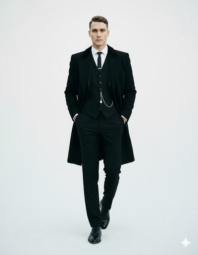 Mens Costume Thomas Shelby Black Vested Suit & Black Overcoat 6 XQ-6462  - from alligatorwarehouse.com