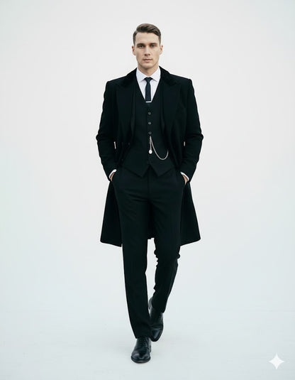 Mens Costume Thomas Shelby Black Vested Suit & Black Overcoat