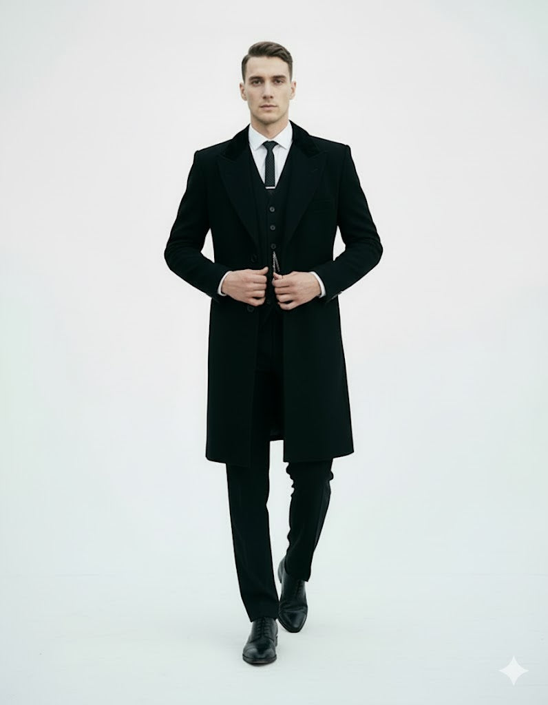 Mens Costume Thomas Shelby Black Vested Suit & Black Overcoat