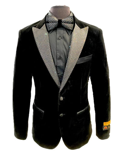 Mens Designer Velvet Dinner Jacket Tuxedo in Black with Silver Diamond Lapel 1   - from alligatorwarehouse.com