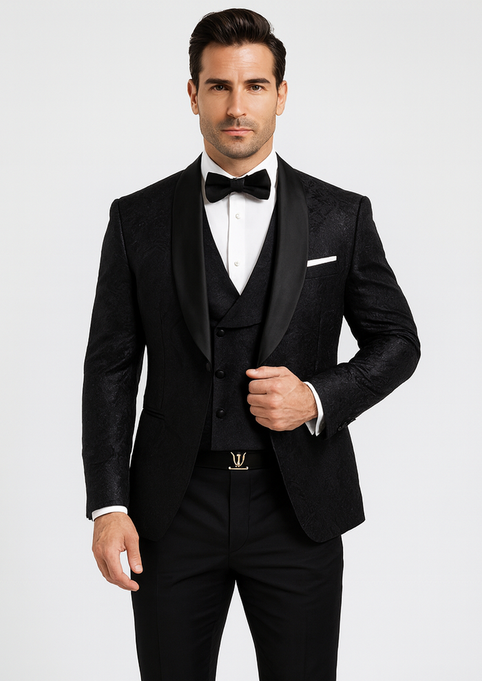 Classic Black Floral Lace Tuxedo with Vest – Modern Men’s Wedding Suit
