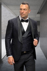 Classic Black Floral Lace Tuxedo with Vest – Modern Men’s Wedding Suit