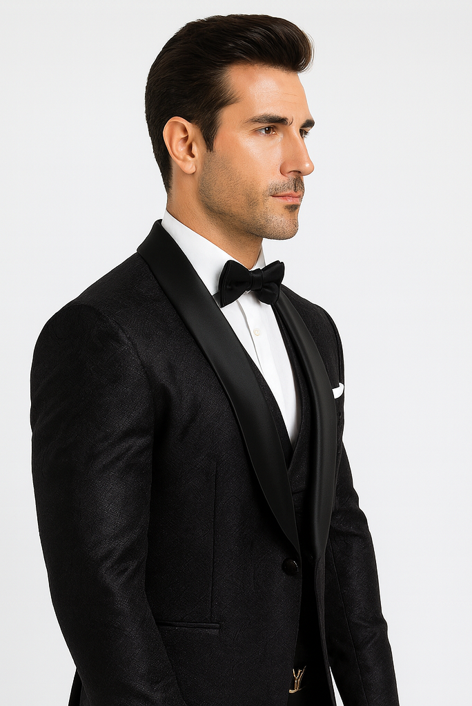 Classic Black Floral Lace Tuxedo with Vest – Modern Men’s Wedding Suit