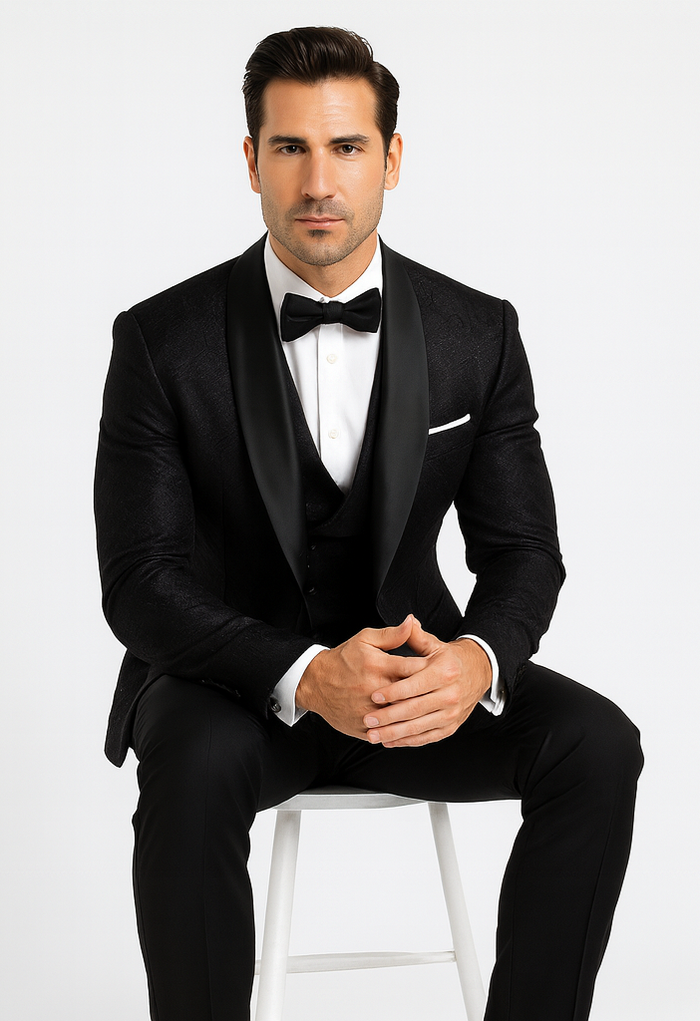 Classic Black Floral Lace Tuxedo with Vest – Modern Men’s Wedding Suit