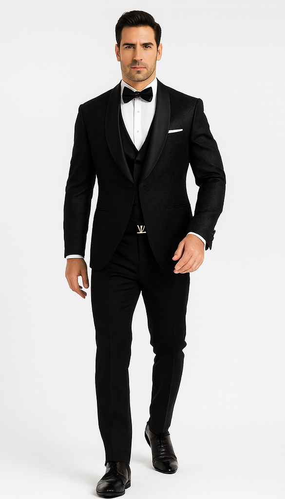 Classic Black Floral Lace Tuxedo with Vest – Modern Men’s Wedding Suit