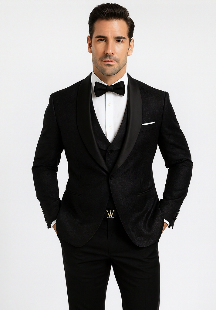 Classic Black Floral Lace Tuxedo with Vest – Modern Men’s Wedding Suit