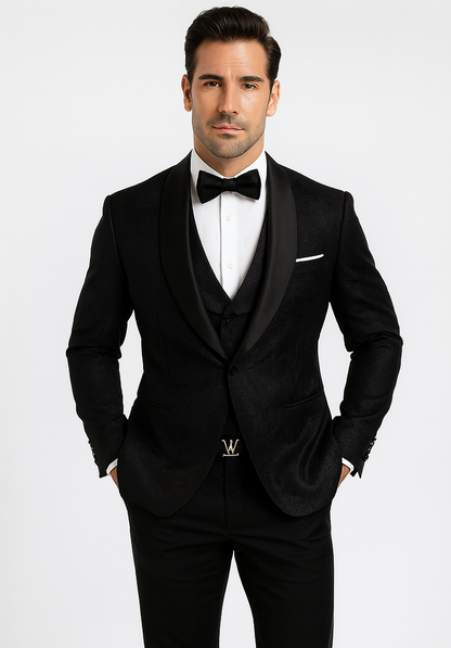 Classic Black Floral Lace Tuxedo with Vest – Modern Men’s Wedding Suit