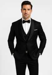 Classic Black Floral Lace Tuxedo with Vest – Modern Men’s Wedding Suit