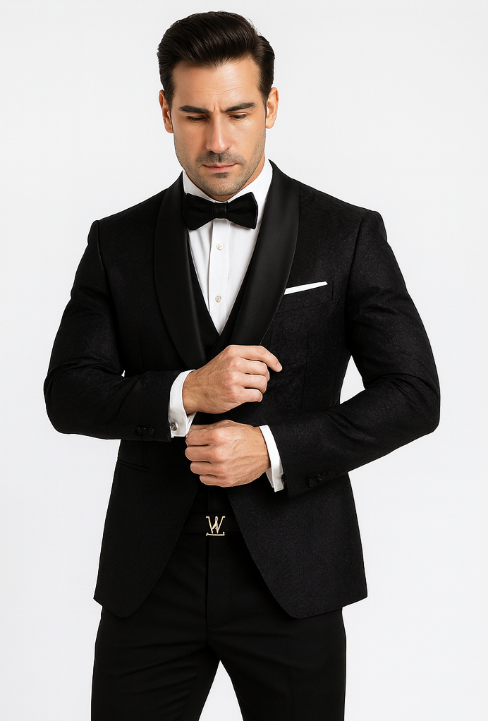 Classic Black Floral Lace Tuxedo with Vest – Modern Men’s Wedding Suit