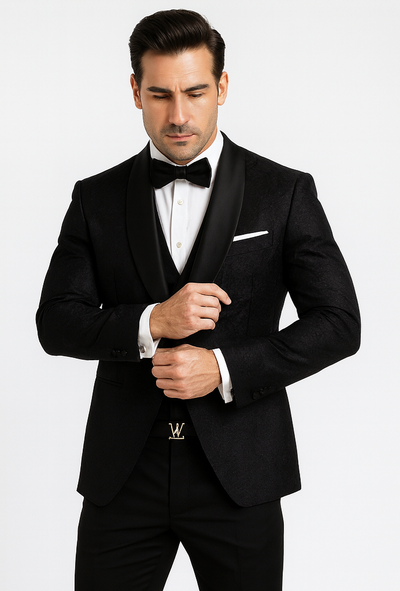 Classic Black Floral Lace Tuxedo with Vest – Modern Men’s Wedding Suit 8   - from alligatorwarehouse.com