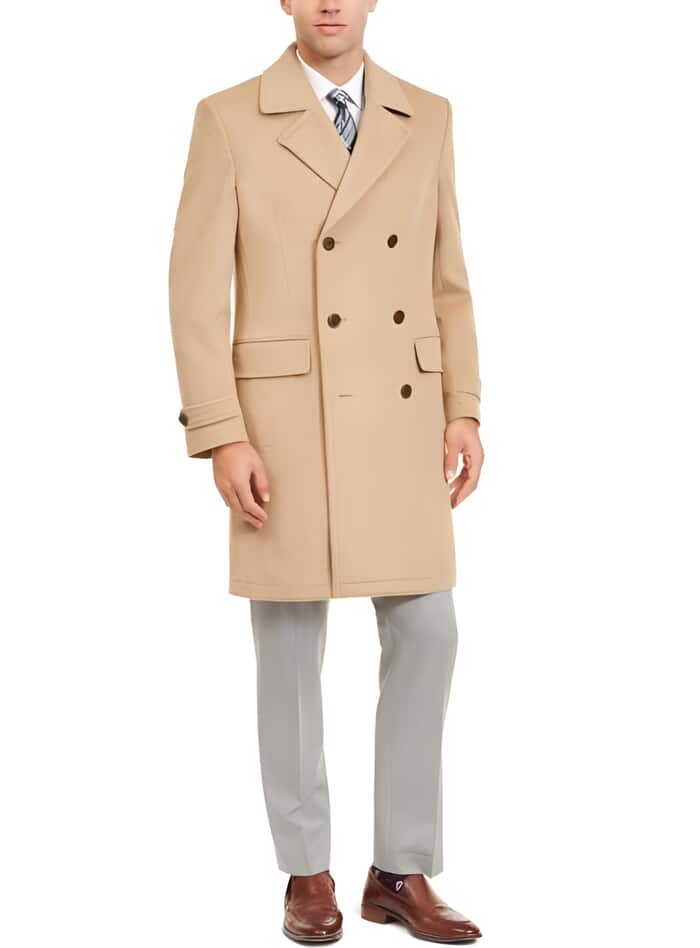 Men's Double Breasted Camel Peacoat - 3/4 Three Quarter Car Coat - Wool Topcoat