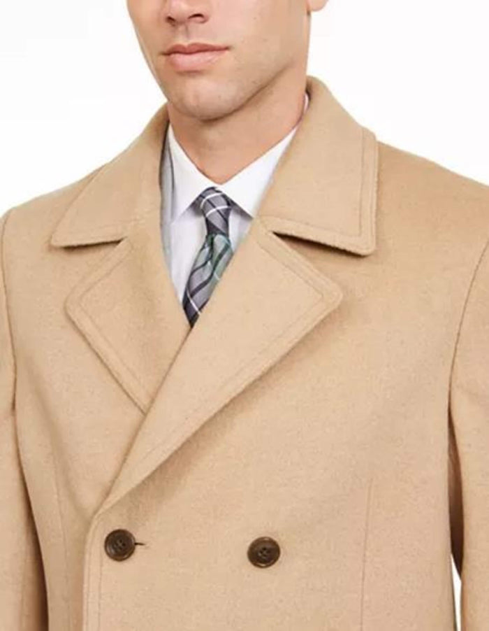 Men's Double Breasted Camel Peacoat - 3/4 Three Quarter Car Coat - Wool Topcoat
