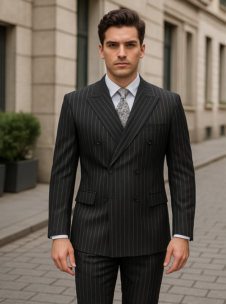 Mens Double Breasted Gangster Bold Pinstripe Suit in Black