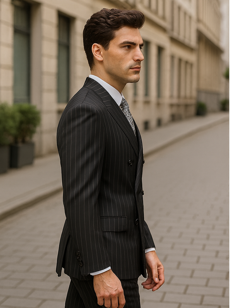 Mens Double Breasted Gangster Bold Pinstripe Suit in Black