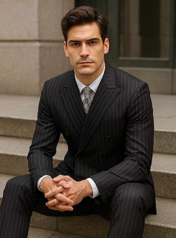 Mens Double Breasted Gangster Bold Pinstripe Suit in Black