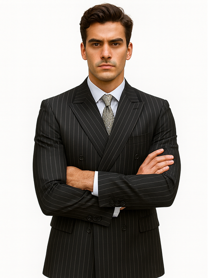 Mens Double Breasted Gangster Bold Pinstripe Suit in Black