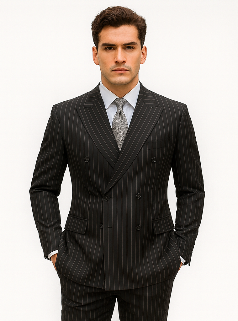 Mens Double Breasted Gangster Bold Pinstripe Suit in Black