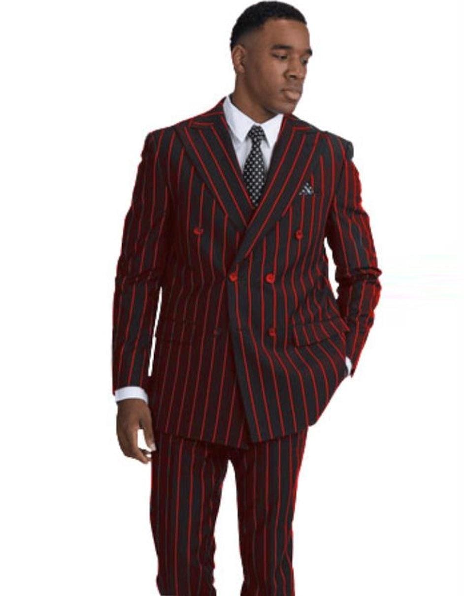 Mens Double Breasted Gangster Fit Pinstripe in Black & Red