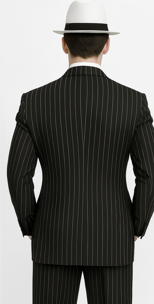 Mens Double Breasted Gangster Pinstripe Six Button Suit in black 2   - from alligatorwarehouse.com