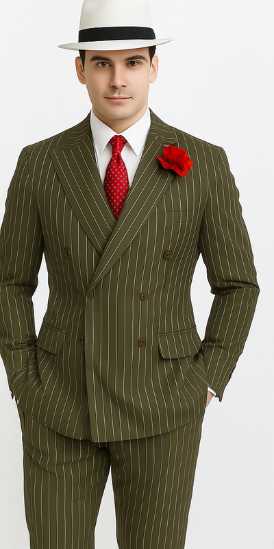 Mens Double Breasted Gangster Pinstripe Six Button Suit in Charcoal and Olive 3   - from alligatorwarehouse.com