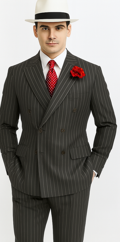 Mens Double Breasted Gangster Pinstripe Six Button Suit in Charcoal and Olive 1   - from alligatorwarehouse.com